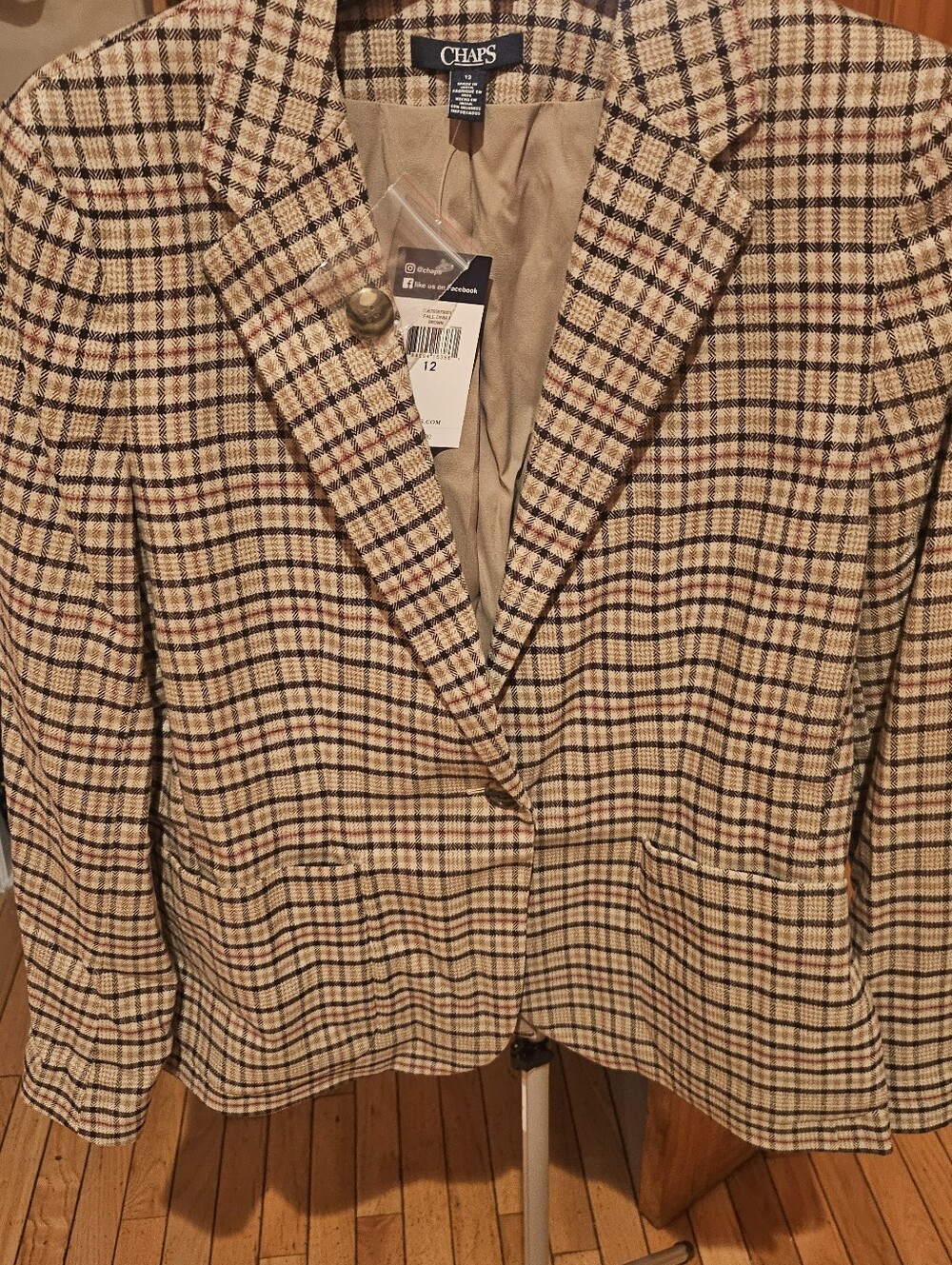 Chaps Women's Beige Plaid Blazer with Subtle Navy & Brown Check